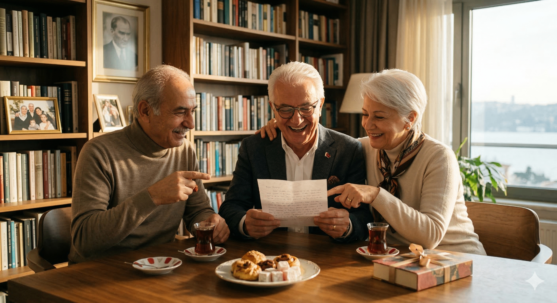 Üç büyüğümüzün çay sofrasında bir mektubu birlikte okurken gülümsemesi